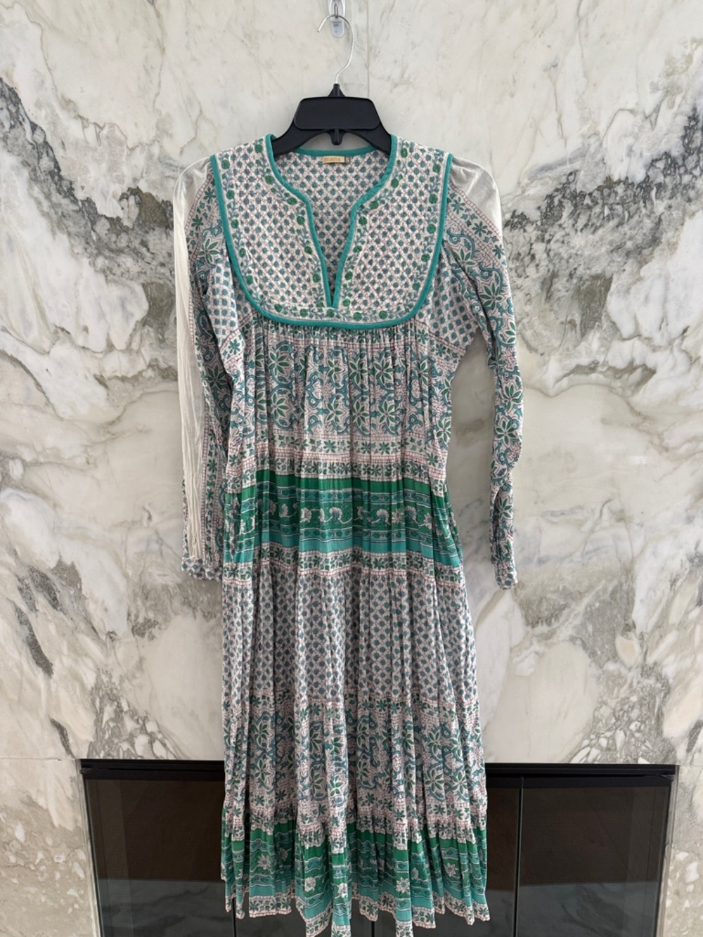 Matta Green and Cream Long-Sleeve Printed midi Dress